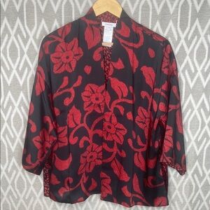 Chicos Red & Black Floral Open Front Reversible Blouse Mandarin Collar XXS/XS